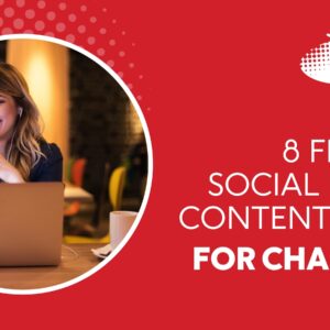 Woman smiles looking at her laptop beside the text 8 Festive Social Media Content Ideas for Charities