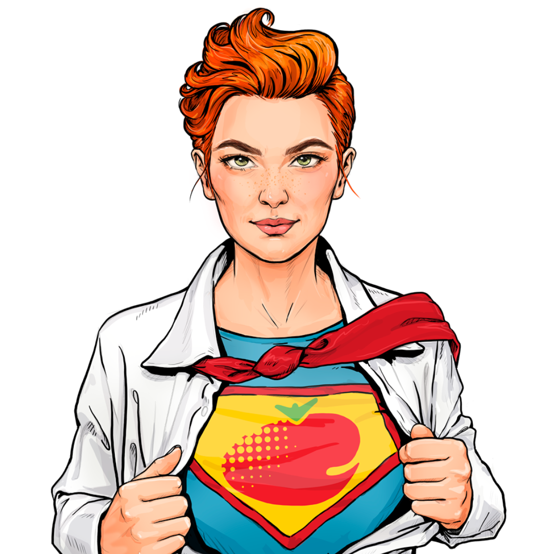 Woman with ginger hair and StrawberrySocial logo on her shirt stands in a strong woman pose to depict expert community managers who protect brands and online communities
