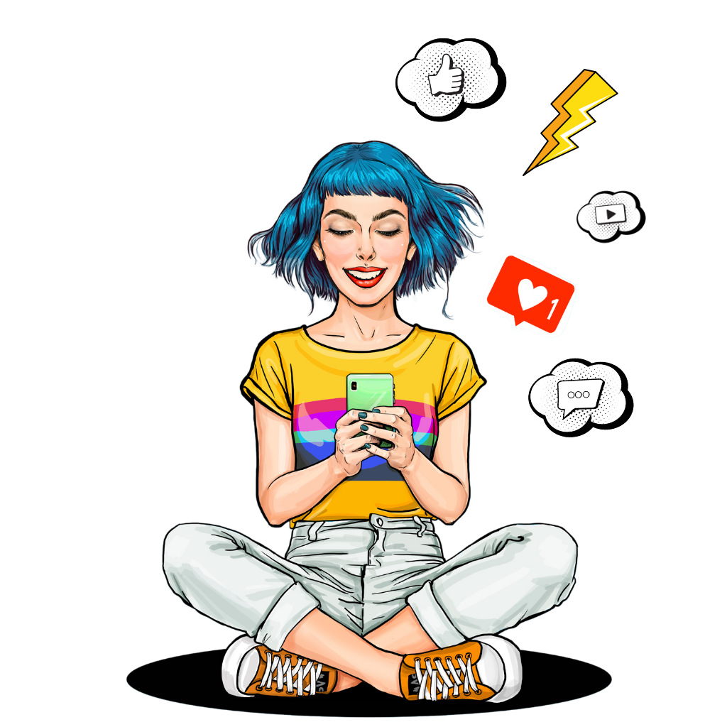 Woman with blue hair smiles looking at her phone. Comment icons around her head illustrate active and engaged social media.